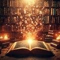 Old Bookshelf Radiates Magic Light, Letters Aflutter, Conjuring Ancient Wisdom in the Library. Generative ai for illustrations Royalty Free Stock Photo