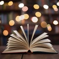Literary ambiance open book bathed in bokeh lights