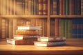 Literary ambiance Stack of books on table in library setting