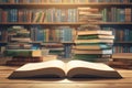 Literary ambiance Stack of books on table in library setting