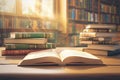 Literary ambiance Stack of books on table in library setting