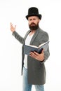 Literary criticism. Faced with senseless drama. Eloquence and diction. Bearded man read book. Poetry reading. Book Royalty Free Stock Photo