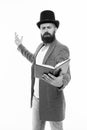 Literary criticism. Faced with senseless drama. Eloquence and diction. Bearded man read book. Poetry reading. Book Royalty Free Stock Photo