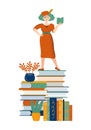 Literary fan. Smart woman reads a book in the library. Young stylish woman with a book. Love of literature. Drawn cartoon Royalty Free Stock Photo