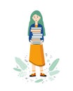 Literary fan. Smart young woman holds a large stack of books in her hands. Lovers of literature. Girl student with books. Drawn