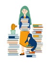 Literary fan. Smart young woman holds a large stack of books in her hands. Lovers of literature. Girl student with books. Drawn Royalty Free Stock Photo