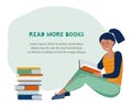 Literary fans. Smart woman reads a book. Concept of home schooling and self-development. Template for banner in social networks