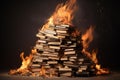 Literary Stack book fire magic. Generate AI Royalty Free Stock Photo