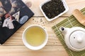 Cup with green tea, book and teapot on wooden table background