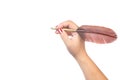 Literature concept. Female woman hand with red nails writes or holds a feather quill pen isolated on white background. Royalty Free Stock Photo