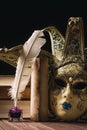 Literature concept. Inkstand with feather near venetian mask, books and old scroll on black background