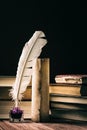 Literature concept. Old inkstand with feather near scroll and books on black background