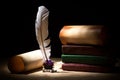 Literature concept. Old inkstand with feather near scrolls and books against black background. Dramatic light Royalty Free Stock Photo