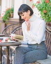 Literature for female. Girl drink coffee read book. Mug of good coffee and pleasant book best combination for perfect Royalty Free Stock Photo