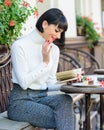 Literature for female. Girl drink coffee read book. Mug of good coffee and pleasant book best combination for perfect Royalty Free Stock Photo