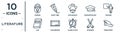 literature linear icon set. includes thin line scream, don quixote, teacher, chalkboard, scissors, robin hood, law icons for