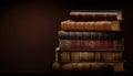 a stack of antique leather-bound books against a dark background. Generative AI.