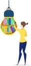 Literature for reading, education concept. Lady takes book, looks at light bulb idea symbol