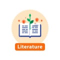 Open book, literature reading, storytelling and writing, education concept, vector icon