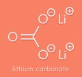 Lithium carbonate Li2CO3 bipolar disorder drug molecule. Skeletal formula.