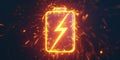 Lithium Ion Battery With A Lightning Bolt Icon , Fireworks Illuminated With Neon Yellow Light Batter