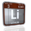 Lithium symbol in square shape with metallic border and transparent background with reflection on the floor. 3D render