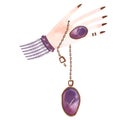 Lithomancy: the feminine hand of a witch reads fortunes on a pendant. Watercolor illustration with pink and lilac streaks and