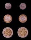 Lithuania coin 1,2 and 5 Litas averse and reverse isolated on the black background