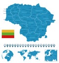 Lithuania - detailed blue country map with cities, regions, location on world map and globe. Infographic icons