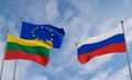 Lithuania European Union and Russia flags. Blue sky flag Lithuania flag European Union flag Russia, 3D work and 3D image Royalty Free Stock Photo