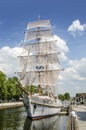 Lithuania, Klaipeda - Juny 24, 2021. Sailing vessel Meridian with open sails is in city of Klaipeda.