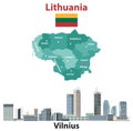 Lithuania regions map and flag. Vilnius city skyline. Vector illustration