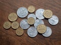 Lithuanian coins on wooden table. Old local currencies. Money of Lithuania