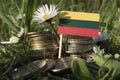 Lithuanian flag with stack of money coins with grass
