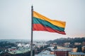 Lithuanian flag in the wind. Drone aerial view