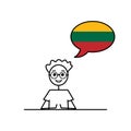 Lithuanian speaking cartoon boy with speech bubble in flag of Lithuania colors, male character learning lithuanian