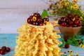 lithuanian spit cake sakotis with fresh cherries