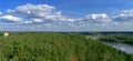 Lithuanian summer landscape. View from Merkine fort hill to Nemunas river, Merkine town and Dzukija National Park in