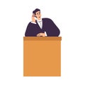 Litigation with Man Judge Character at Desk in Courtroom Engaged in Settlement Vector Illustration