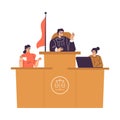 Litigation with Man Judge Character at Desk in Courtroom Engaged in Settlement Vector Illustration