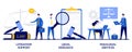 Litigation support, legal research, paralegal services concept with tiny people. Law firm vector illustration set. Forensic