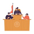 Litigation with Woman Judge Character at Desk in Courtroom Engaged in Settlement Vector Illustration