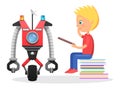 Litle Boy Sit with Direction to Robot Illustration