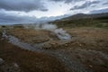 Litli-geysir or mini geysir next to Strokkur in Haukaalur area in the Icelandic countryside with boiling hot pool infront Royalty Free Stock Photo
