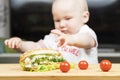 Litlle infant caucasian boy is trying to steal one unhealthy delicious hotdog with green salad from the table