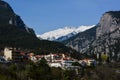 LITOCHORO, GREECE - APRIL 12, 2015: View of the snow-capped Mount Olympus from the village of Litochoro, Greece Royalty Free Stock Photo