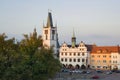 Litomerice square place church tower, historical mediaeval city town