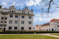Litomysl, Czech Republic, 17 April 2022: Renaissance castle, UNESCO World Heritage Site, chateau with sgraffito mural decorated Royalty Free Stock Photo
