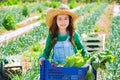 Litte kid farmer girl in vegetables harvest