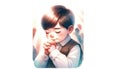 Littel boy with eyes closed, hands clasped in prayer.